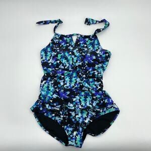 SPEEDO Swimsuit High Neck Halter Open Back 1 Piece Floral Womens XL